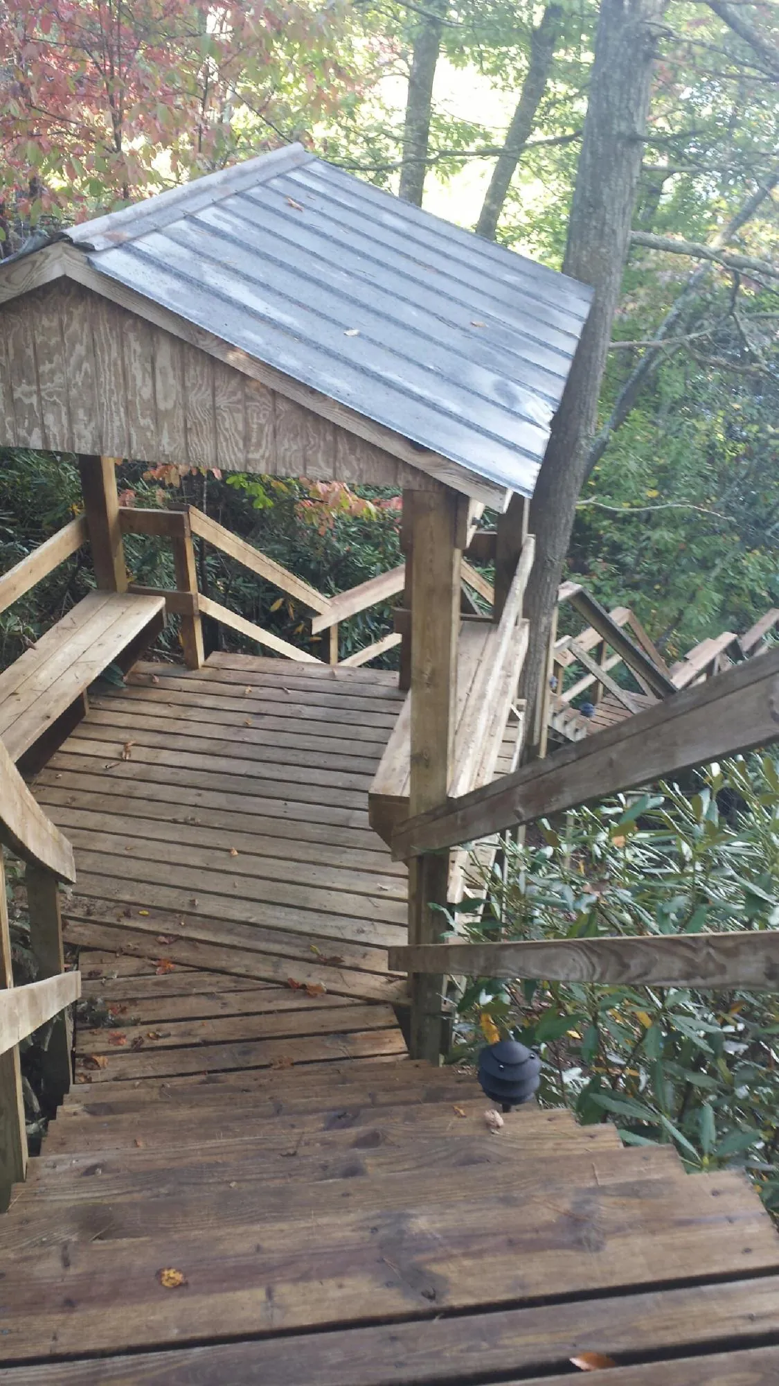 Metal roofed shelter over wooden steps on a wooded walkway — Skylight Repair & Installation work by our crew in Milnor